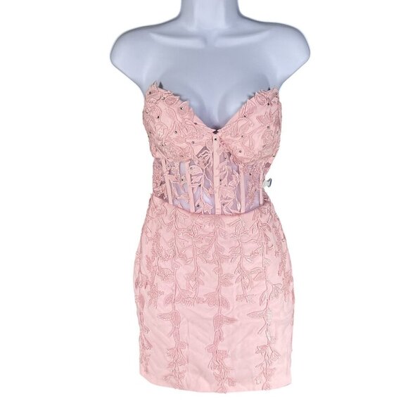 Wedding Apparel NWT Womens 2 Baby Pink Floral Lace Corset Mini Dress Coquette - Picture 2 of 16
